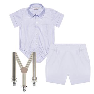 Body Camisa c/ Short & Suspensório para bebê em tricoline Azul/Branco - Roana