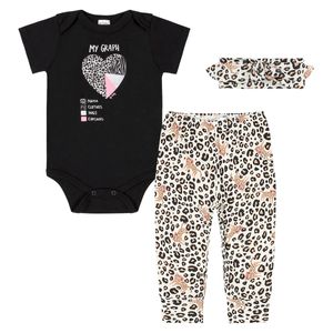Body curto c/ Calça e Faixa para bebê em suedine Animal Print - Up Baby