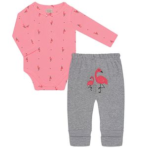 Body longo c/ Calça (Mijão) para bebê em suedine Flamingo - Pingo Lelê