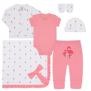 Jogo Maternidade Flamingo: Casaquinho + Body curto + Calça + Touca + Luva + Manta - Pingo Lelê