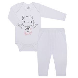 Body longo c/ Calça para bebê em malha canelada Gatinha Hug Branco - Junkes Baby