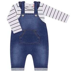 Jardineira feminina c/ Body longo para bebê em jeans confort Denim Stripes - TMX