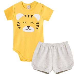 Body curto c/ Shorts para bebê em suedine Tigre - Pingo Lelê