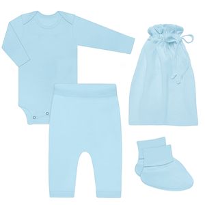 Kit Comfy Azul: Body longo + Calça saruel + Pantufa + Saquinho em suedine - Baby Gut