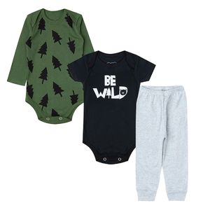 Kit: Body longo + Body curto + Calça para bebê em algodão Be Wild - Orango Kids