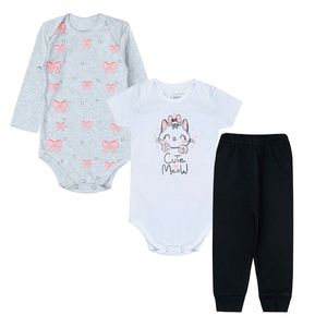 Kit: Body longo + Body curto + Calça para bebê em algodão Gato Laços - Orango Kids