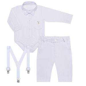 Body Camisa c/ Calça & Suspensório para bebê em tricoline Branco - Roana