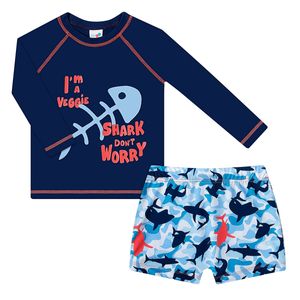 Conjunto de banho para bebê Shark Marinho: Camiseta Surfista + Sunga - Tip Top