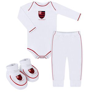 Body longo c/ Calça e Pantufa para bebê em malha Flamengo - Torcida Baby