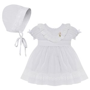Vestido Batizado c/ Touquinha para bebê em cambraia Renda & Pérolas Branco - Roana