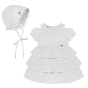 Vestido Batizado c/ Touquinha para bebê em cambraia Gola Branco - Roana