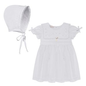 Vestido Batizado c/ Touquinha para bebê em cambraia Pala Bordada Branco - Roana
