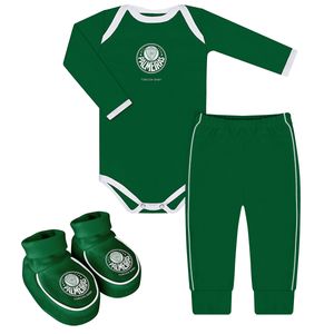 Body longo c/ Calça e Pantufa para bebê em malha Palmeiras Verde - Torcida Baby