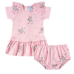 Vestido com Calcinha para bebê em suedine Floral Rosa - Tip Top