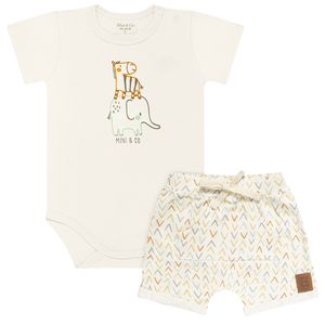 Body curto c/ Short para bebê em algodão egípcio Wild Marfim - Mini & Co.
