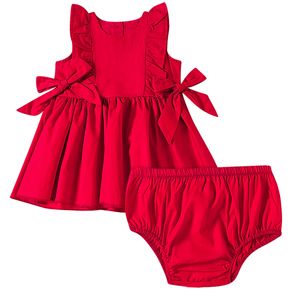 Vestido com Calcinha para bebê em tricoline Laço Vermelho - Tip Top