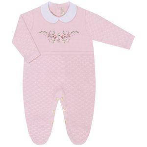 Macacão longo c/ golinha para bebê em tricot Flores Rosa - Mini & Co.