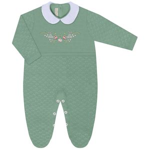 Macacão longo c/ golinha para bebê em tricot Flores Verde - Mini & Co.