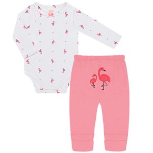 Body longo c/ Calça (Mijão) para bebê em suedine Flamingo Branco - Pingo Lelê