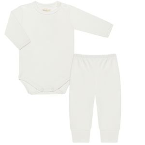Body longo c/ Calça (Mijão) para bebê em canelado térmico Marfim - Mini & Co.